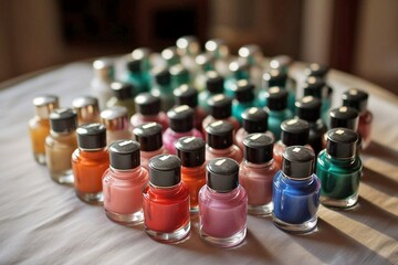 Variety of Colorful Nail Polishes Displayed on a Table, Creative and Vibrant Manicure Options, Generative AI