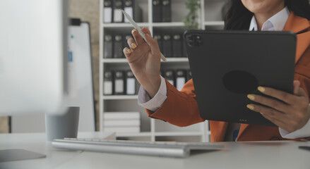 Group of Young Asian business team creative businesspeople coworker in office Happy to be successful partnership teamwork celebrating achievement and success concept.