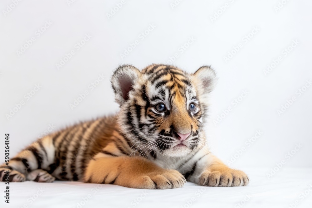 Sticker cute baby tiger resting on a white background. Generative AI Generative AI