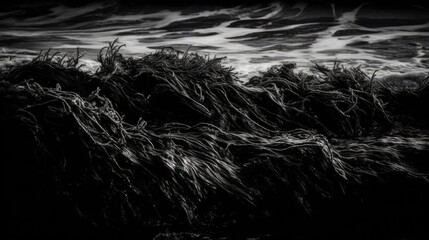  A dramatic black and white image of seaweed swaying in the currents of a dark and moody ocean. generative ai