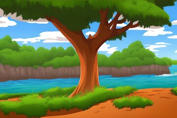Beautiful Summer Countryside Landscape on a bright summer day. 2d illustration. Children Story Book illustration. Kids Cartoon Backgrounds. Generative AI
