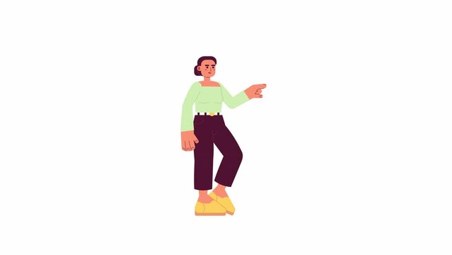 Animated woman tapping side. Lady in casual clothes touching, gesturing isolated 2D cartoon flat character animation. 4K video footage, white background for web design