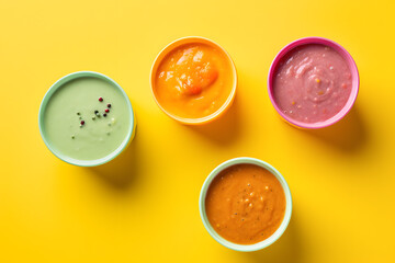 Obraz na płótnie Canvas Bowls with healthy baby food on a yellow background, healthy food concept, Generative AI