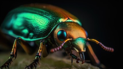  A dynamic close - up of a green June beetle, with bold colors and dramatic lighting. generative ai