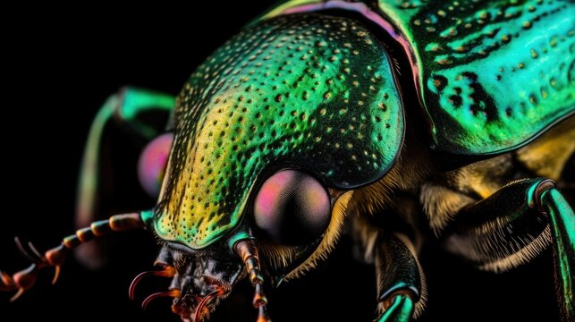  A dynamic close - up of a green June beetle, with bold colors and dramatic lighting. generative ai