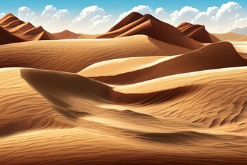Fototapeta na wymiar Beautiful Desert Sand in Bright Daylight on a Summer Day. 2d Animation Style illustration. Children Story Book Illustration. Kids Cartoon Background. Generative AI