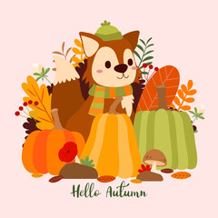 Fox with pumpkin and beautiful leaves on Autumn season