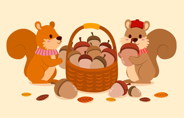 Fototapeta premium Squirrel collecting acorns in a basket