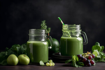 Glass jar mugs with green health smoothie. Raw, alkaline food concept. Banner, Generative AI