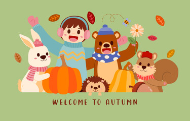 Obraz na płótnie Canvas Cute animals with winter costume in Autumn celebration