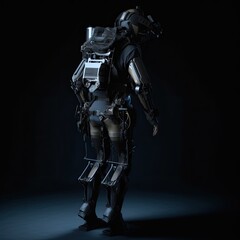  A futuristic, modular exoskeleton with advanced materials and adaptive technology on a black background, illustrating the potential for enhanced human capabilities.  generative ai