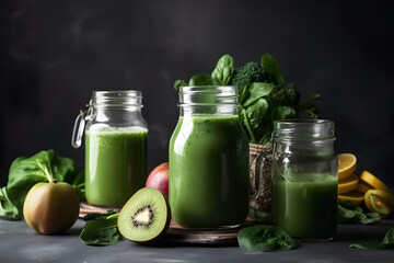 Glass jar mugs with green health smoothie. Raw, alkaline food concept. Banner, Generative AI