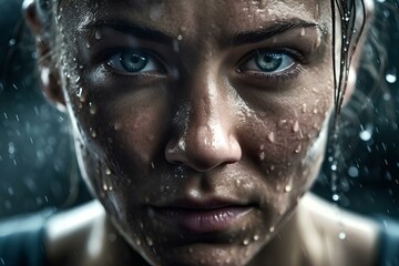 an extreme closeup photo of a professional 
female athlete with intense focus in her eyes and sweat pouring down her face. generative AI