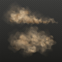 Dirty smoke or sandstorm. Car exhaust with piles of dust. Brown cloud of nature pollution.Vector realistic illustration isolated on transparent background