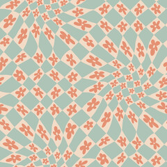 Checkered Daisy flowers psychedelic seamless print in 60s and 70s style. Vector illustration Generative AI - 598565376