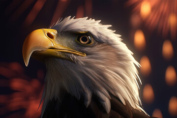 Independence Day celebration on July 4 with Bald eagle with festive fireworks in the night sky created with Generative AI.
