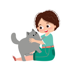 Happy child hugging and petting domestic animal. Smiling girl kid sitting and embracing happy pet cat. Good friend. Flat character vector isolated
