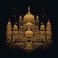  A majestic, golden palace with opulent architecture and intricate details on a black background, symbolizing wealth, power, and the grandeur of historical civilizations. generative ai