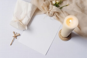 A candle and a card on a table AI generation