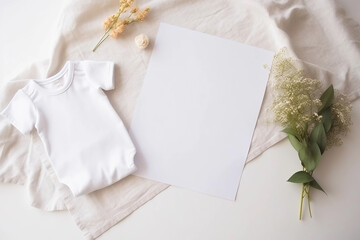 A baby clothes laying on a white table next to a bouquet of flowers AI generation - obrazy, fototapety, plakaty