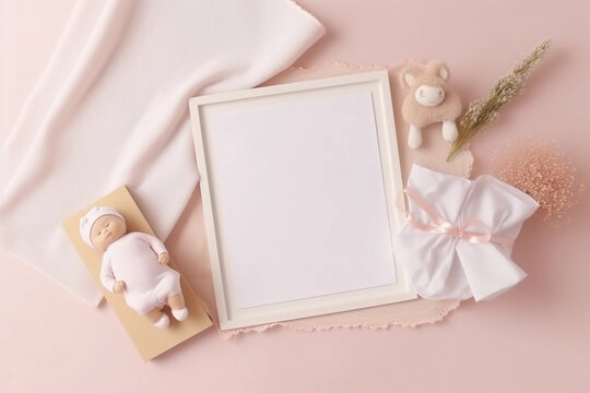 A baby doll lies on a pink background next to a frame with a baby doll. AI generation