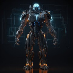 Obraz na płótnie Canvas A massive, cybernetic titan with glowing circuits and imposing armor on a black background, representing the fusion of technology and mythology. generative ai