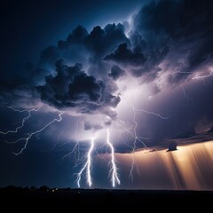  A massive, looming storm cloud with electrifying bolts of lightning on a black background, representing the awe - inspiring power of nature's fury. generative ai