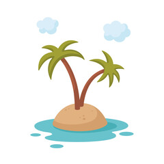Cartoon Tropical island with palms. Flat design. Kids vector illustration isolated on white background. Island doodle icon, summer vacation concept.