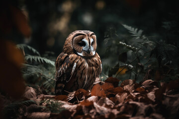 A barn owl sits among the leaves of a forest. AI generation
