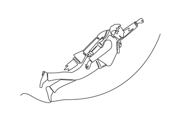 Single one line drawing happy businessman flying with rocket. Success business concept. Continuous line draw design graphic vector illustration.