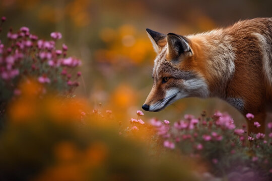 A fox in a field of flowers AI generation