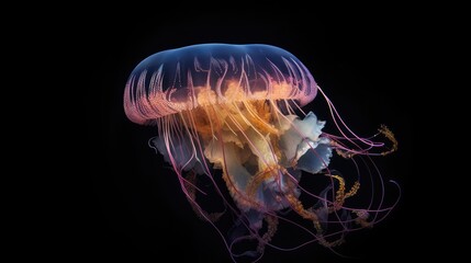  A mesmerizing image of a jellyfish, with ethereal colors and translucent tentacles against a dark ocean backdrop. generative ai