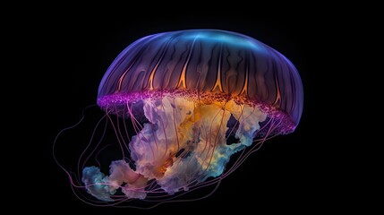 Fototapeta premium A mesmerizing image of a jellyfish, with ethereal colors and translucent tentacles against a dark ocean backdrop. generative ai