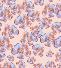 Romantic neon flowers on a pink background. Seamless pattern - 598566787