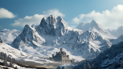 Fototapeta na wymiar Frozen Castle in white Mountains. Generative AI