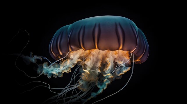  A mesmerizing image of a jellyfish, with ethereal colors and translucent tentacles against a dark ocean backdrop. generative ai