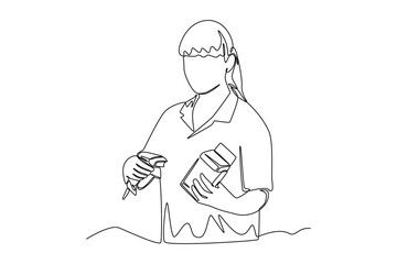 Continuous one line drawing retail woman cashier with barcode scanner. Business activity concept in market. Single line draw design vector graphic illustration.