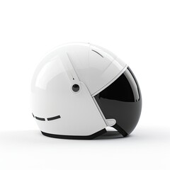  A minimalist, geometrically designed space helmet with a reflective visor on a white background, capturing its clean lines and modern aesthetic. generative ai