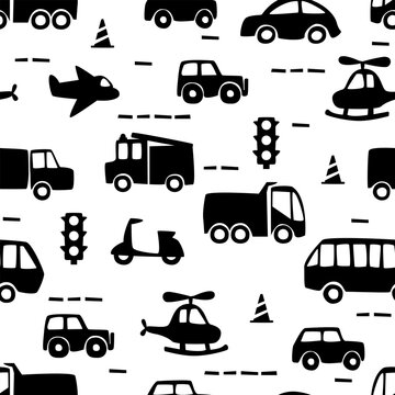Black and white seamless pattern with different vehicles