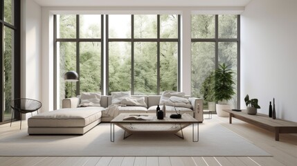  A minimalist living room with a neutral color palette and large windows that provide natural lighting. generative ai