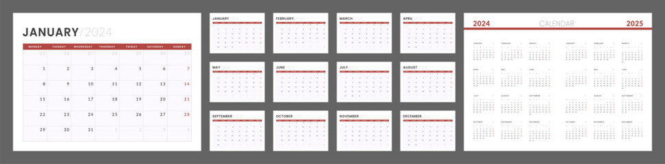 2024 - 2025 Calendar Planner Template. Vector layout of a wall or desk simple calendar with week start monday. Set of monthly and annual page calendar in minimalist corporate design for print.