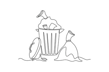 Fototapeta premium Continuous one line drawing trash heap. World environment day concept. Single line draw design vector graphic illustration.