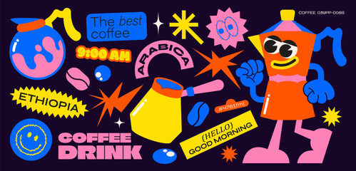 Retro coffee stickers hippie 90s groovy, elements of psychedelic acid. Retro characters.teapot, kettle, coffee maker, breakfast hippie style vector set of elements.