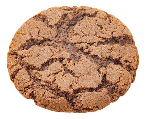 Oatmeal cookies chocolate brown whole, one round close-up side view, isolated on transparent background