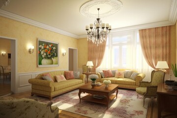 luxurious living room with elegant furniture and a sparkling chandelier as the centerpiece. Generative AI Generative AI