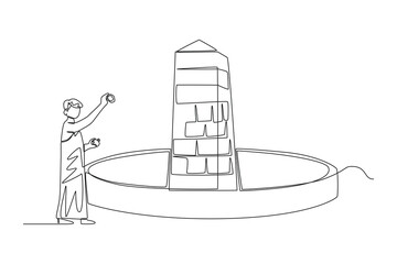 Fototapeta premium Continuous one line drawing a Muslim with his Ihram dress throw stones at Jamarat walls. Hajj and umrah concept. Single line draw design vector graphic illustration.