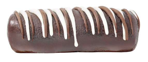 Chocolate sausage cake with white and dark stripes, isolated on transparent background .