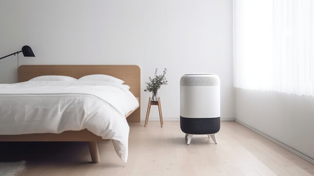 modern bedroom with an air purifier, pure, elegant, white, bright space, spacious, generative ai