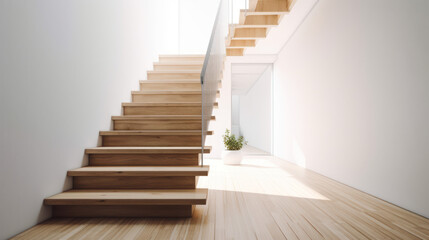 A wood and glass staircase in the house, minimal, negative space, plant, generative ai