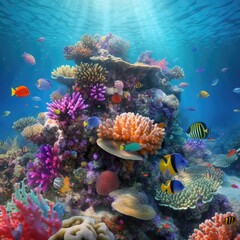 Naklejka na ściany i meble A vibrant, sunlit coral reef teeming with diverse marine life and colorful formations on a white background, celebrating the richness and beauty of the underwater world. generative ai